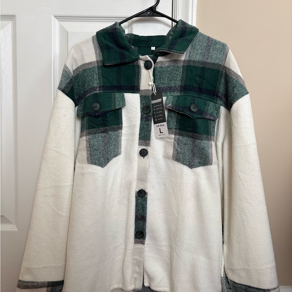 Green and White Plaid Button-Up Jacket